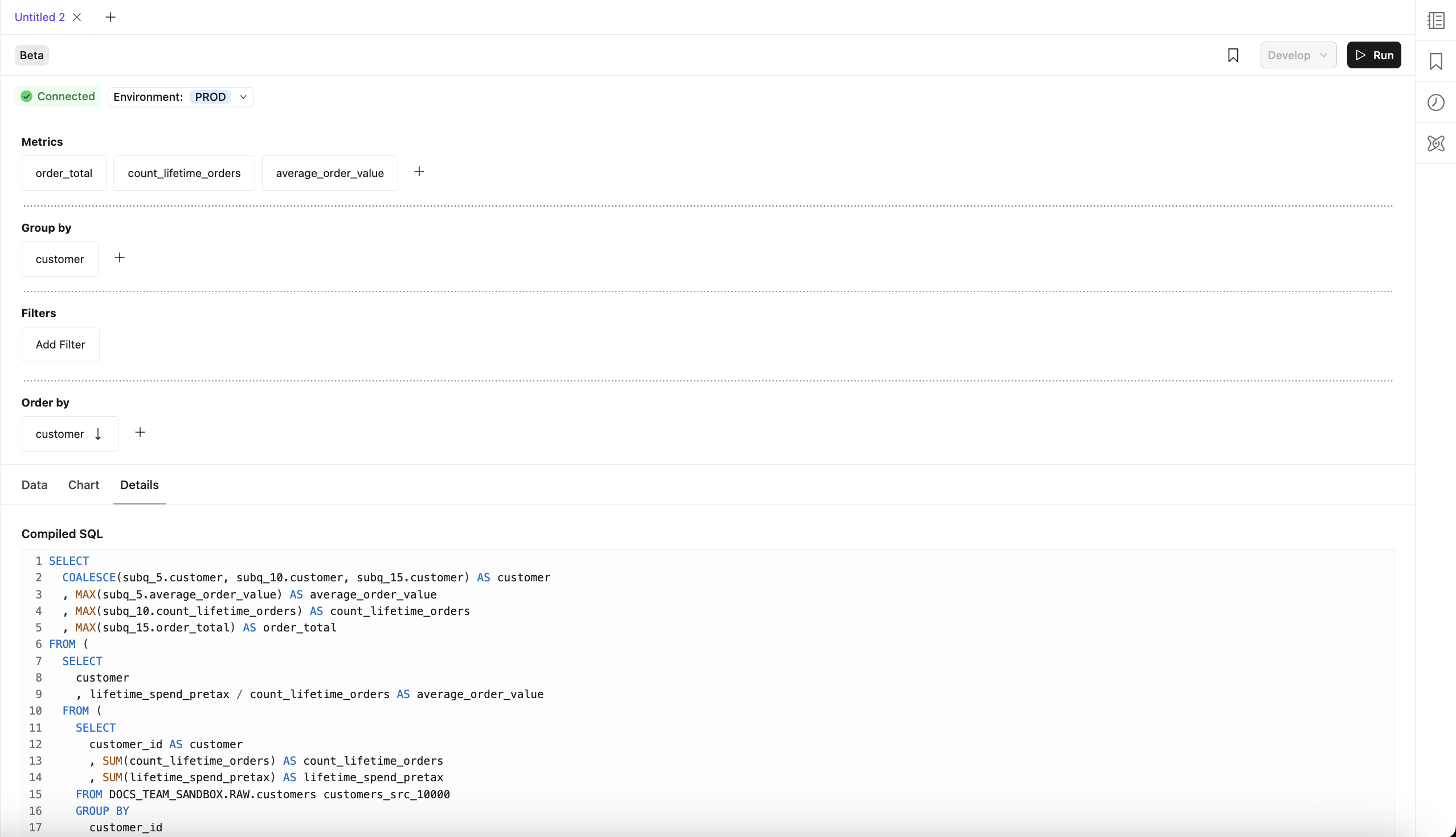The generated SQL code in the Details tab